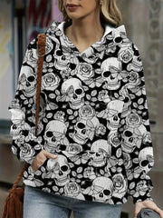 Women's Spooky Skull Print Hoodie with Kangaroo Pocket, Long Sleeve – Perfect for Halloween, Soft and Cozy