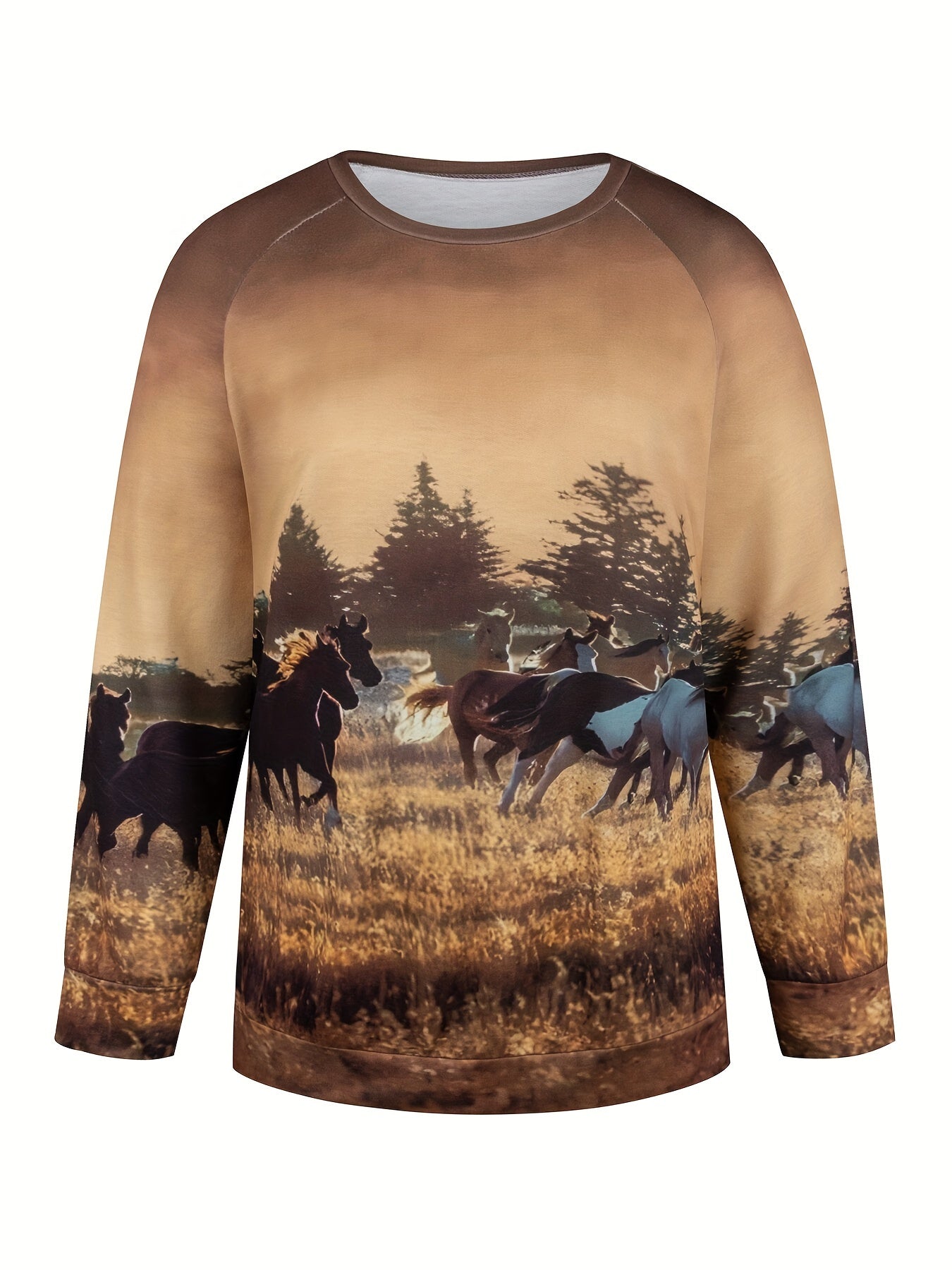 Women's Plus Size Horse Print Sweatshirt, Soft Long Sleeve Round Neck, Cozy Autumn/Winter Essential