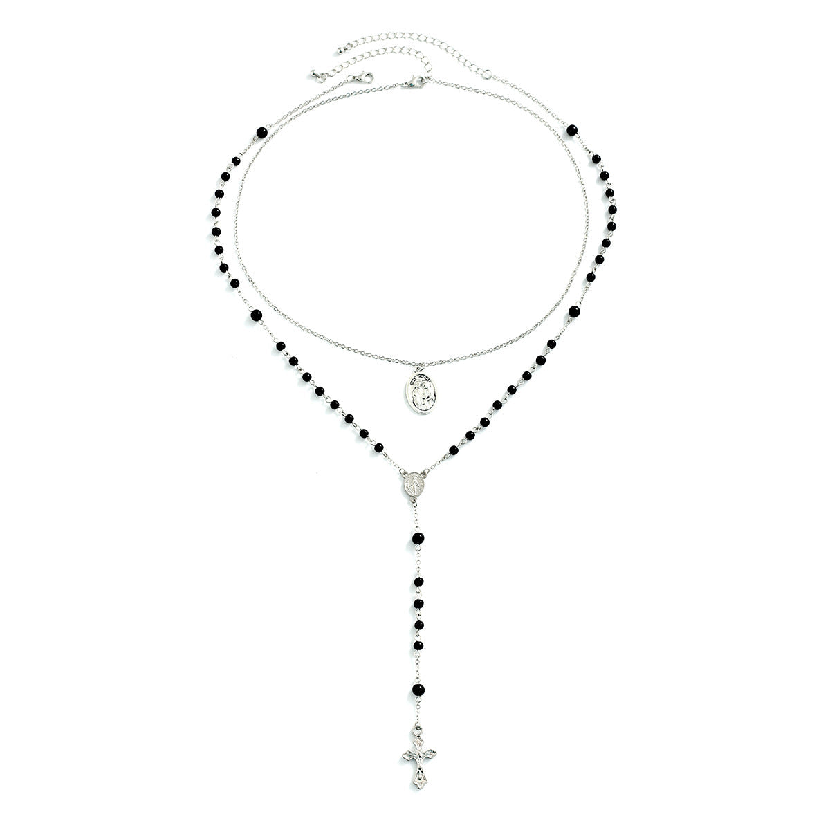 Layered Cross Black Bead Necklace