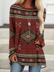 Women's Loose Fit Tribal Print Crew Neck Top, High Stretch, Vintage Style Pullover for All Seasons