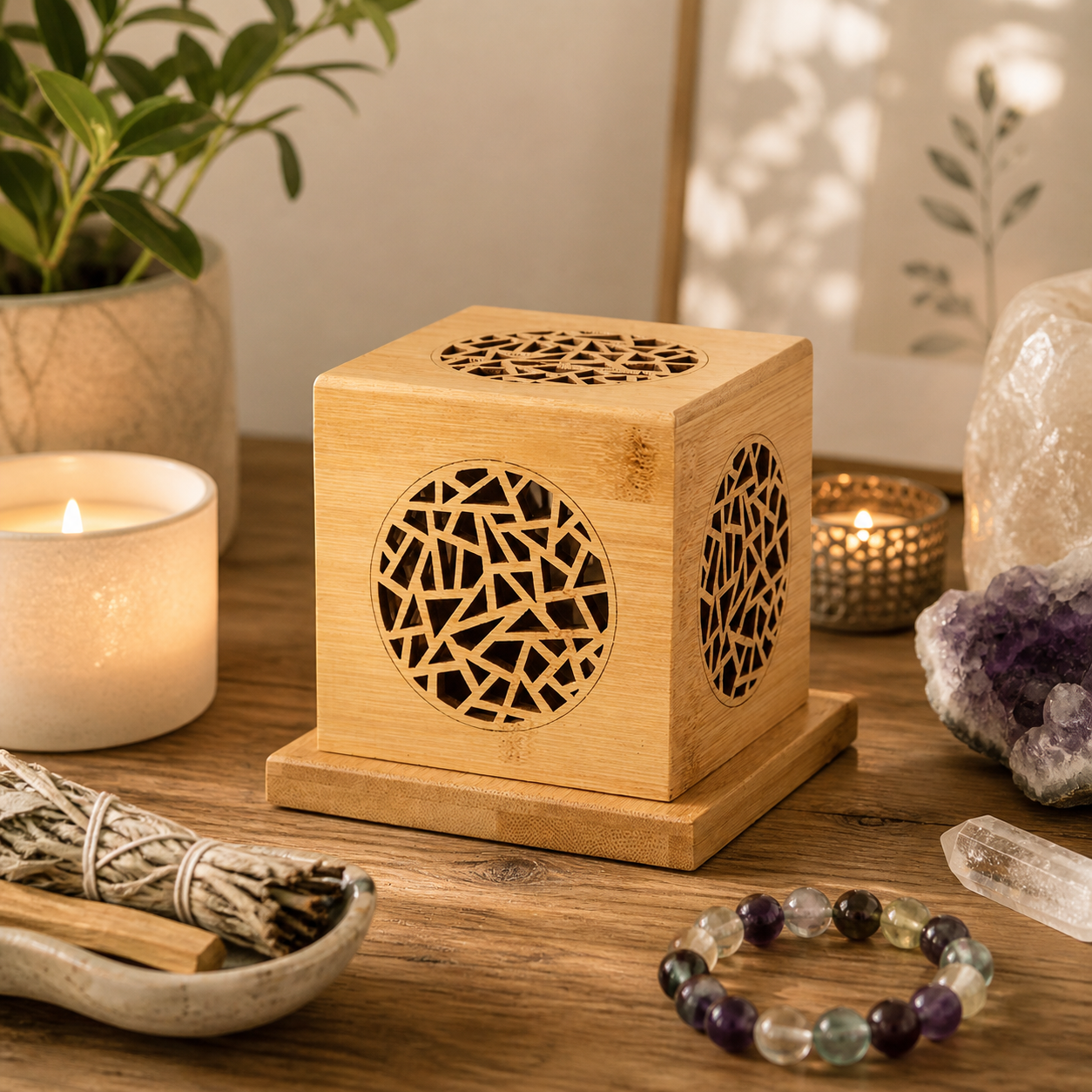 Sacred Wood Crystal Cleansing Box for Jesus Cross Pendant, Crystal Necklace & Bracelet – 4in x 4in, Free 35g California White Sage Included