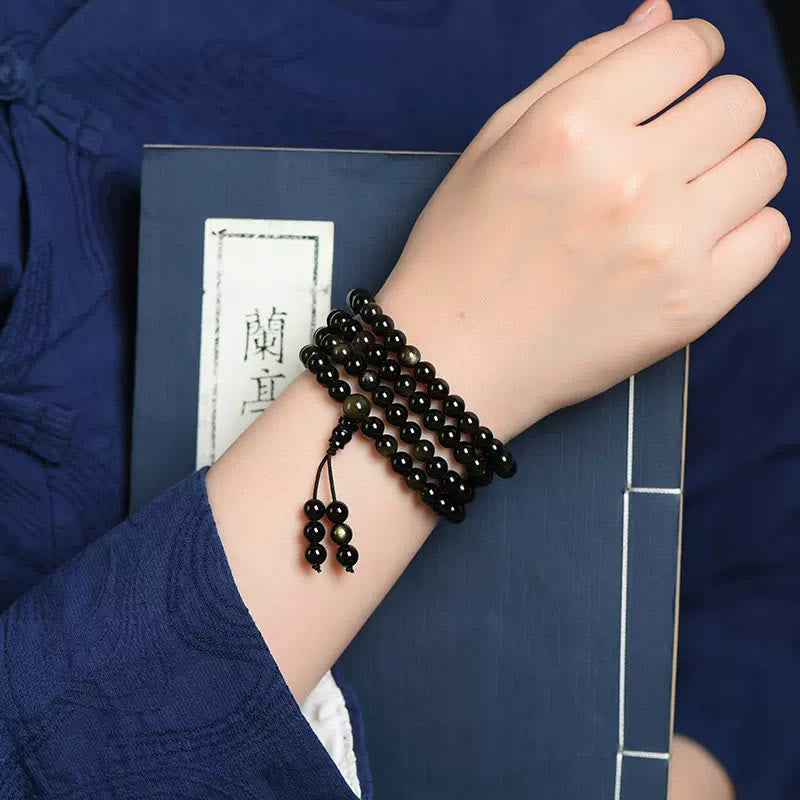 Faith Nova 108 Mala Beads Natural Gold Sheen Obsidian Wealth Bracelet