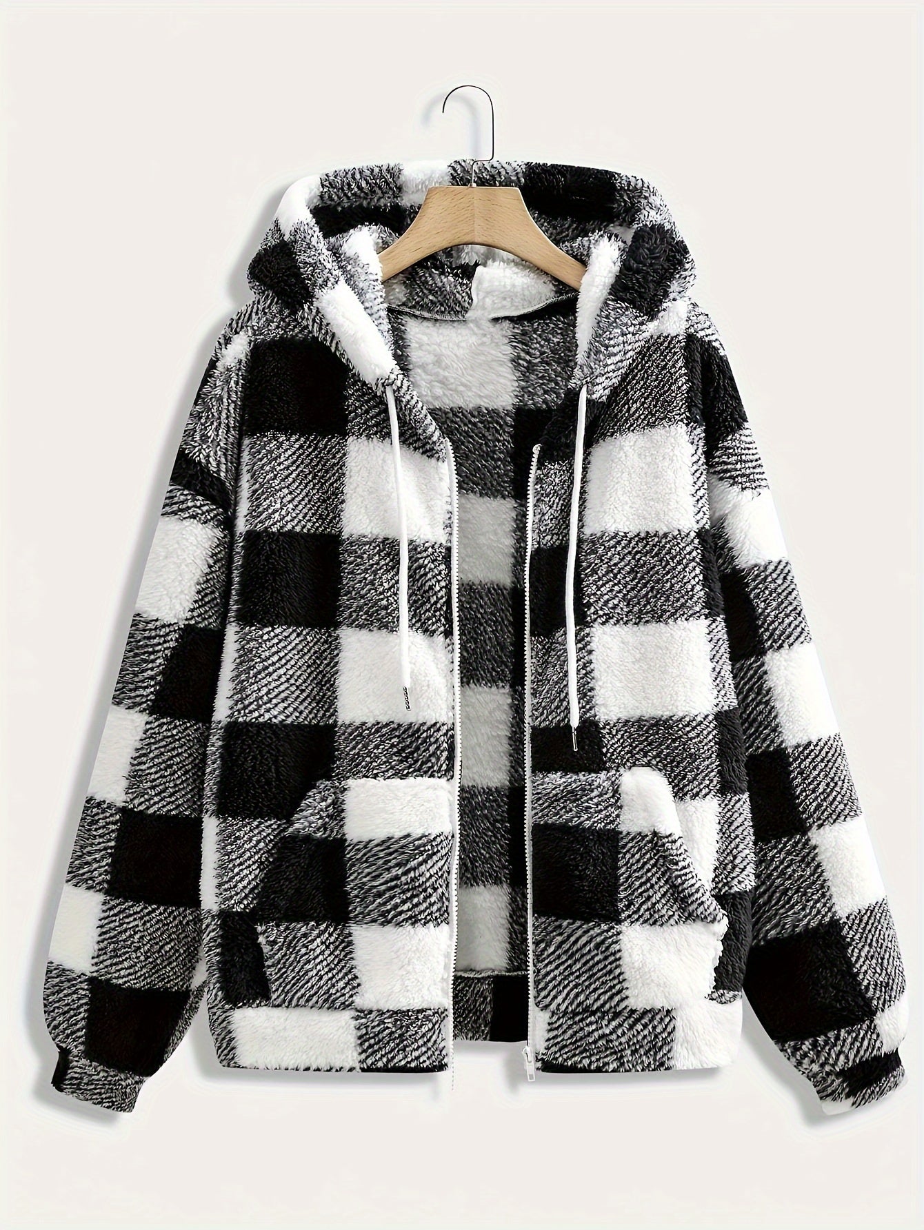 Women's Plus Size Plaid Fleece Jacket – Elegant Hooded Coat with Zipper, Perfect for Autumn/Winter