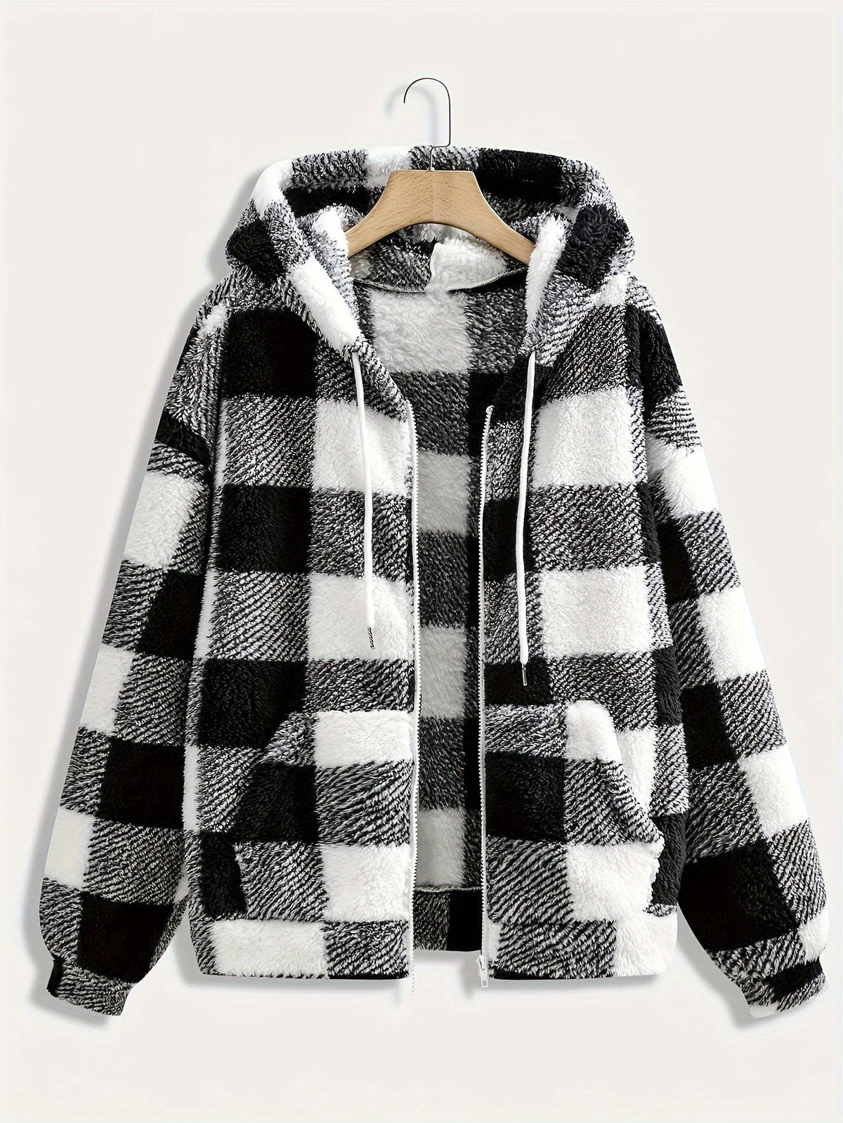 Women's Plus Size Plaid Fleece Jacket – Elegant Hooded Coat with Zipper, Perfect for Autumn/Winter