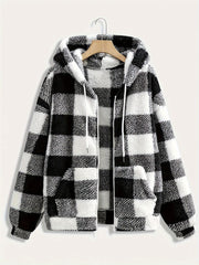Women's Plus Size Plaid Fleece Jacket – Elegant Hooded Coat with Zipper, Perfect for Autumn/Winter