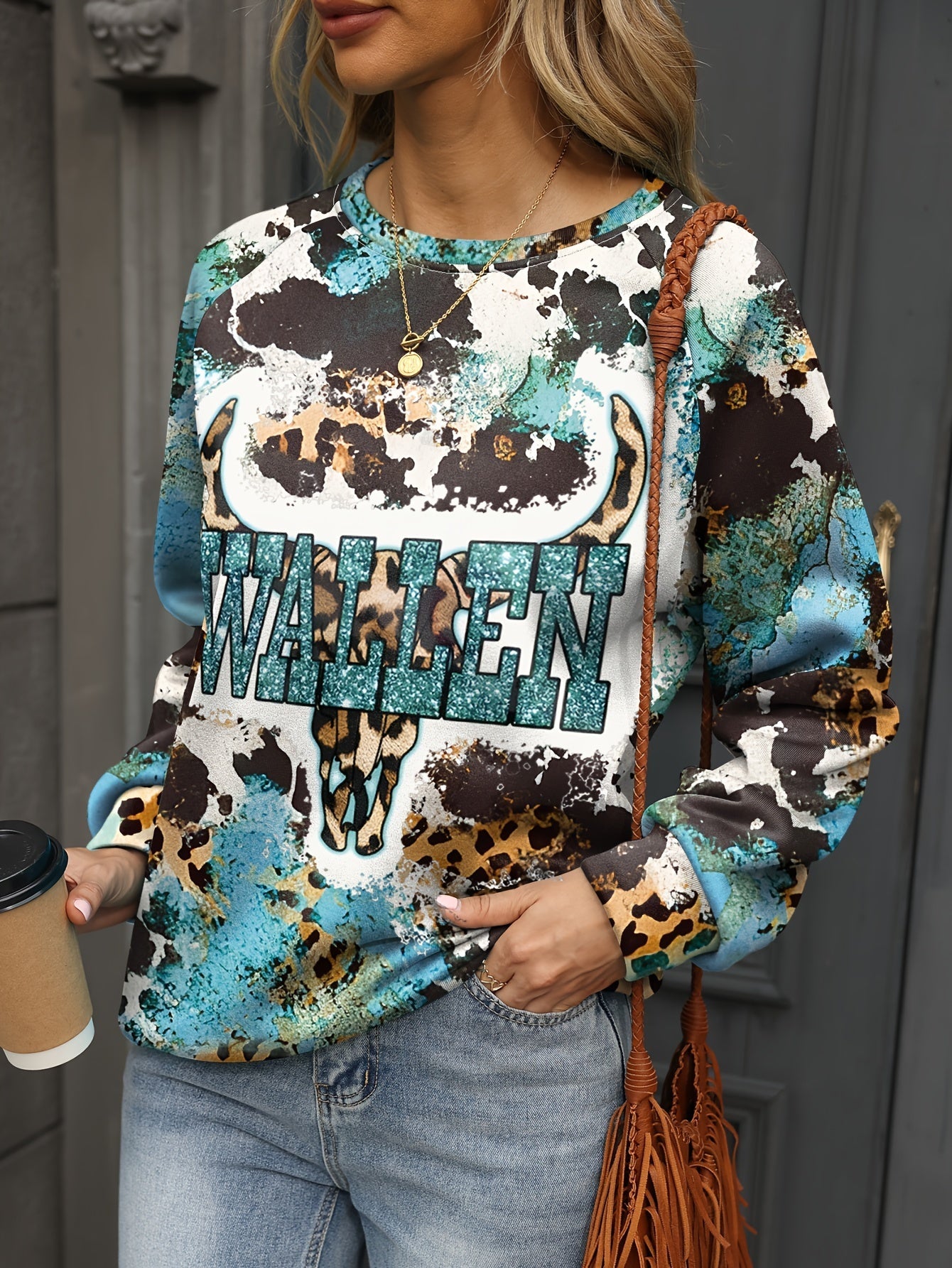 Women's Autumn/Winter Casual Sweatshirt, Leopard Bull & Letter Print Distressed Long Sleeve Pullover Lounge Top