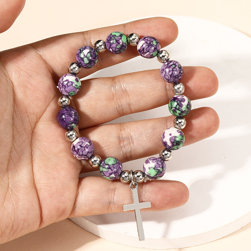Crucifix Prayer Beaded Purple Stones Bracelet