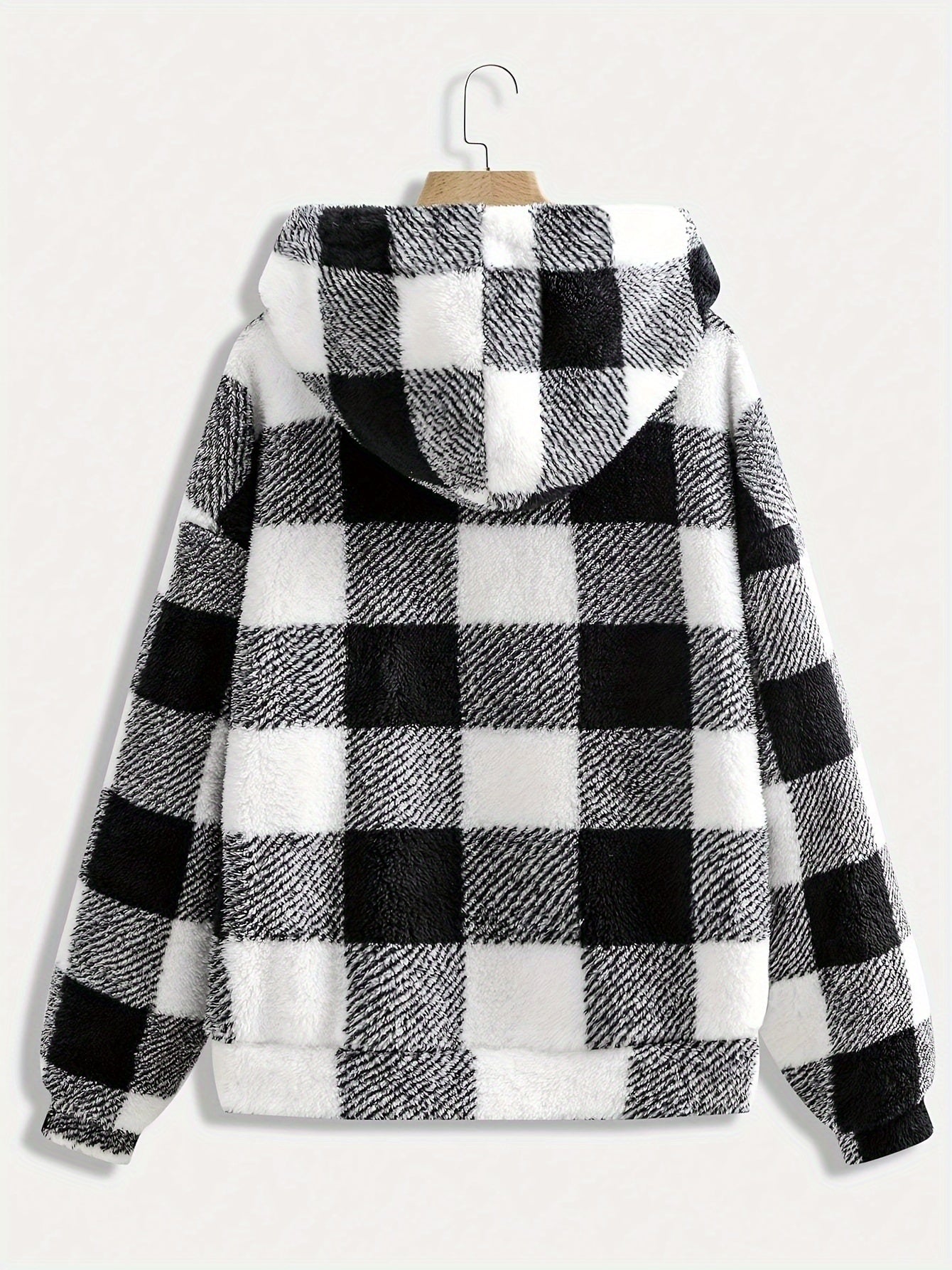 Women's Plus Size Plaid Fleece Jacket – Elegant Hooded Coat with Zipper, Perfect for Autumn/Winter