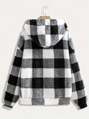 Women's Plus Size Plaid Fleece Jacket – Elegant Hooded Coat with Zipper, Perfect for Autumn/Winter