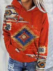 Vintage Aztec Print Hoodie for Women - Machine Washable, Comfort Stretch, All-Season Casual Crew Neck