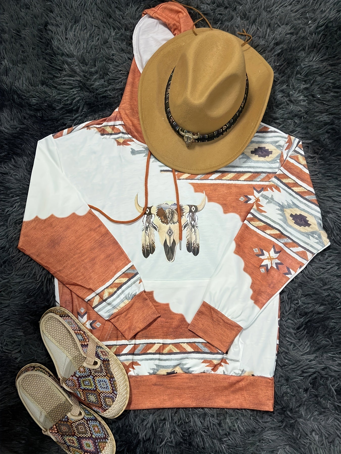 Vintage Cow Head Print Kangaroo Pocket Hoodie, Women's Drawstring Pullover Sweatshirt with Unique Design