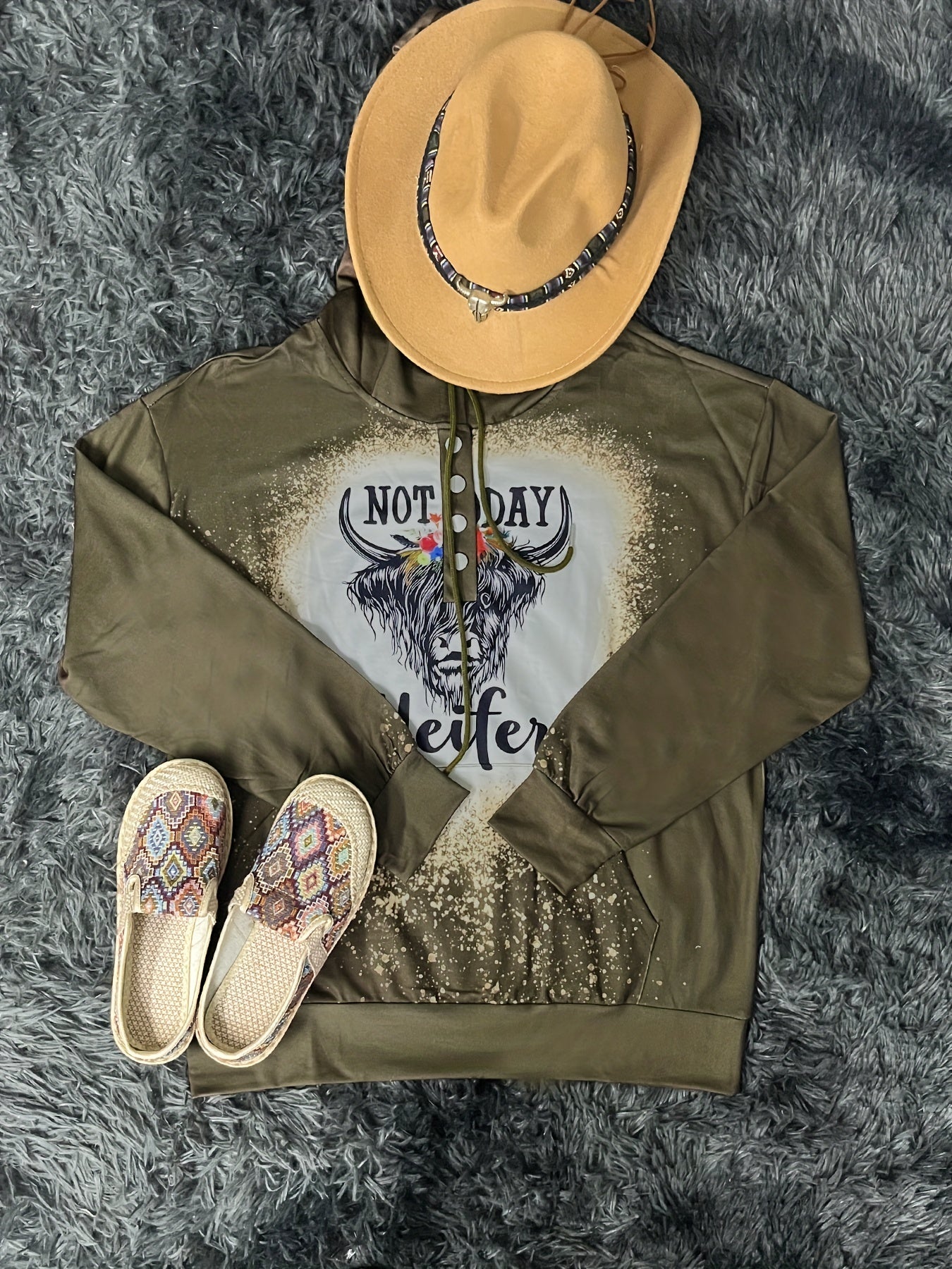 Women's Long Sleeve Hoodie with Letter & Cow Pattern, Kangaroo Pocket & Button Front – Ideal for Everyday Wear