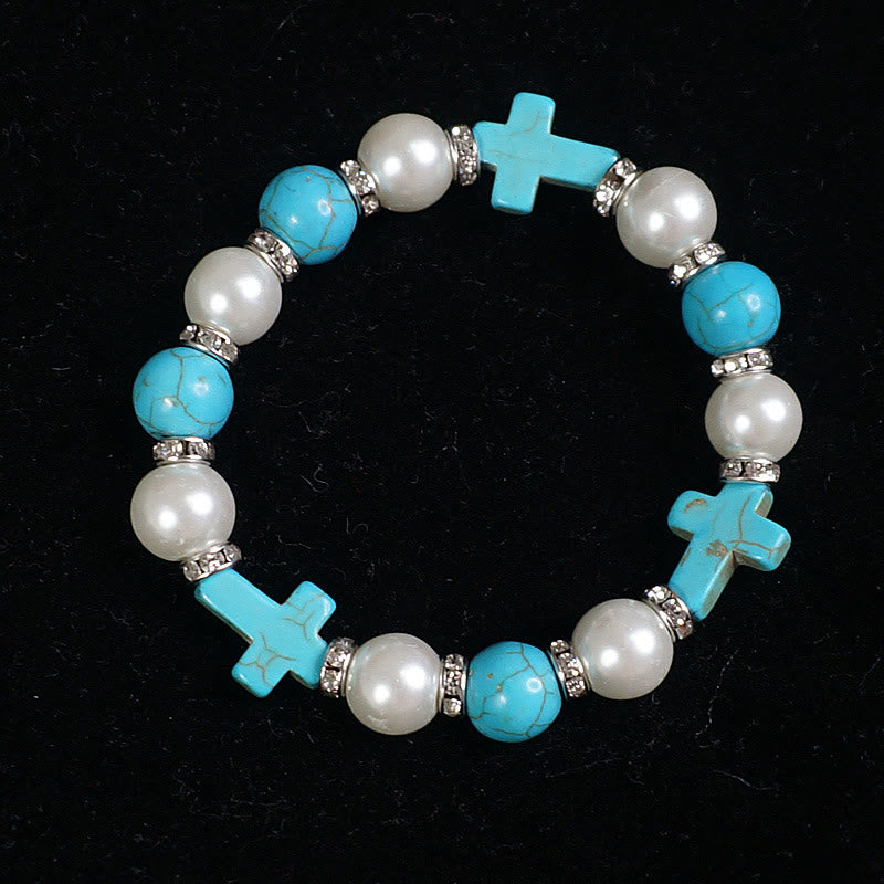Pearl & Turquoise Cross Healing Energy Bracelet