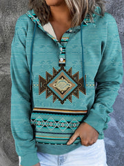 Women's Aztec Print Hoodie with Kangaroo Pocket, Drawstring & Button Front – Perfect for Daily Wear