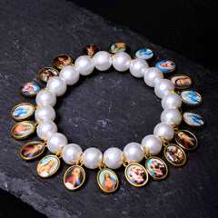 Retro Style Saint Jesus Mary Medals Cross Pearl Bracelet