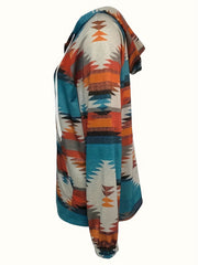 Plus Size Geo Print Zipper Hoodie - Women's Casual Long Sleeve Sweatshirt with Kangaroo Pocket and Drawstring