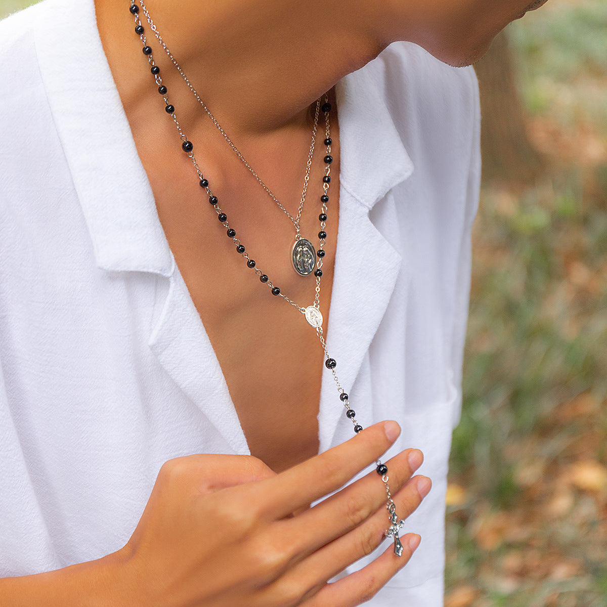 Layered Cross Black Bead Necklace