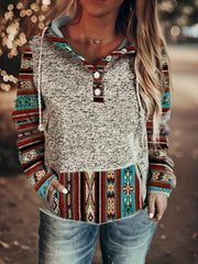 Women's Aztec Print Hoodie with Kangaroo Pocket, Long Sleeve & Drawstring – Soft, Relaxed Fit for Everyday Wear