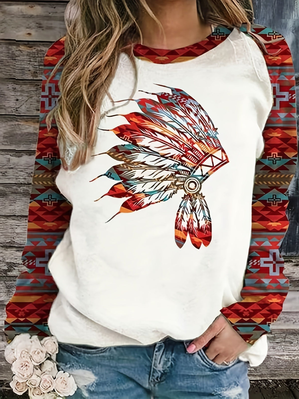 Western Ethnic Print Sweatshirt, Casual Long Sleeve Crew Neck Sweatshirt, Women's Clothing