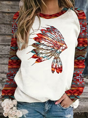 Western Ethnic Print Sweatshirt, Casual Long Sleeve Crew Neck Sweatshirt, Women's Clothing