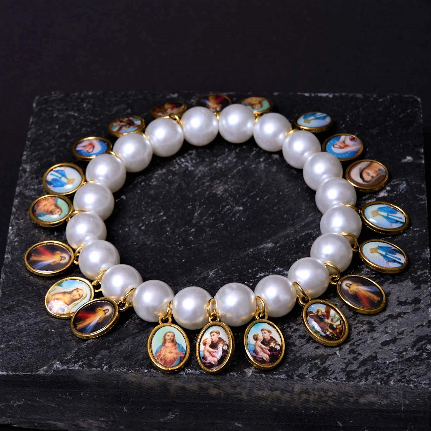 Retro Style Saint Jesus Mary Medals Cross Pearl Bracelet