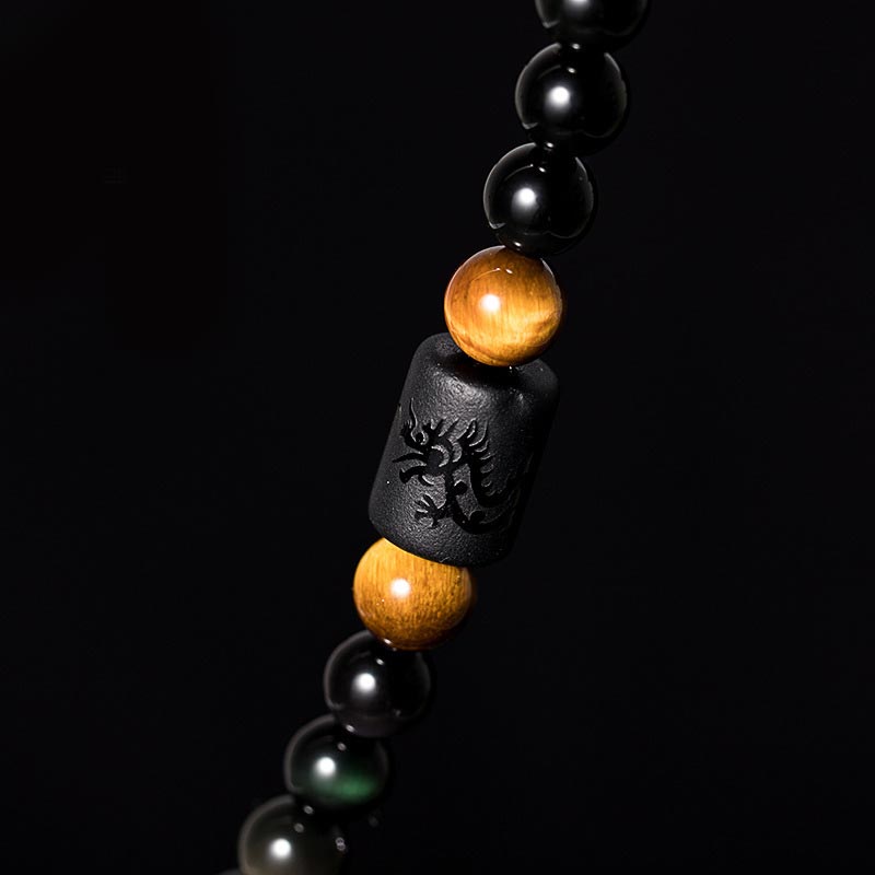 Faith Nova Natural Black Obsidian Rainbow Obsidian Gourd Blessing Bracelet Mala