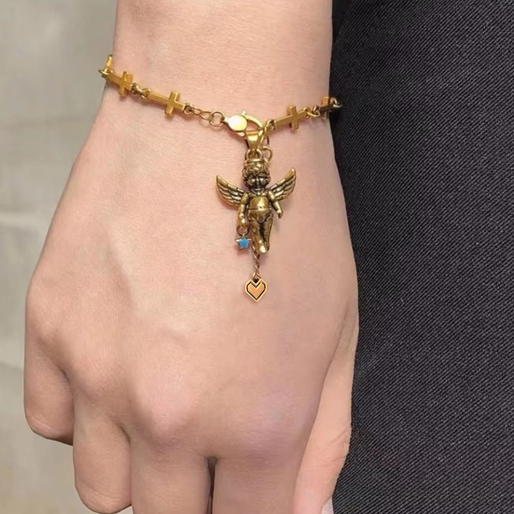 Retro Style Bronze Lucky Star Angel & Heart Cross Bracelet