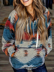 Plus Size Geo Print Zipper Hoodie - Women's Casual Long Sleeve Sweatshirt with Kangaroo Pocket and Drawstring