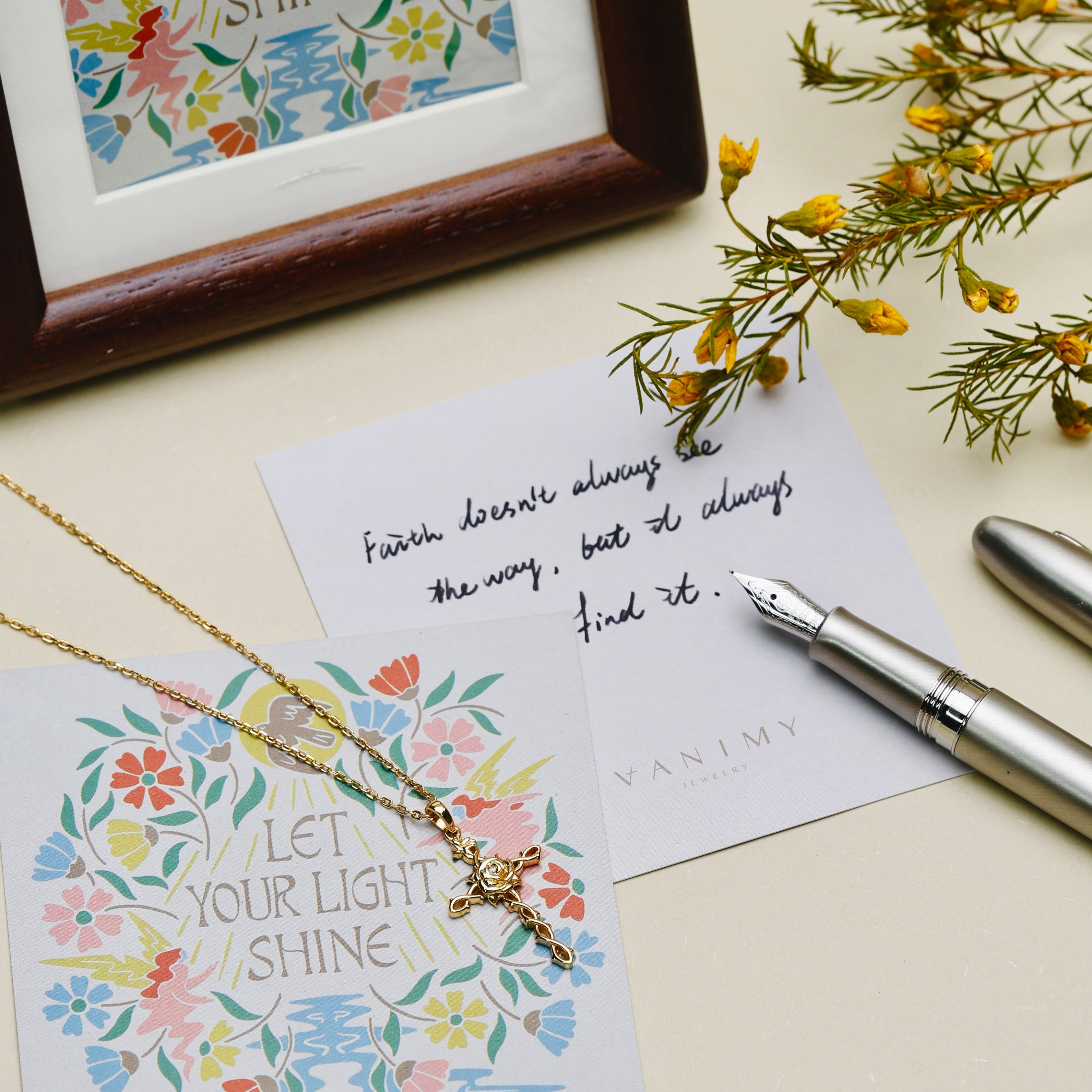 14K Solid Gold Birth Flower Cross Pendant