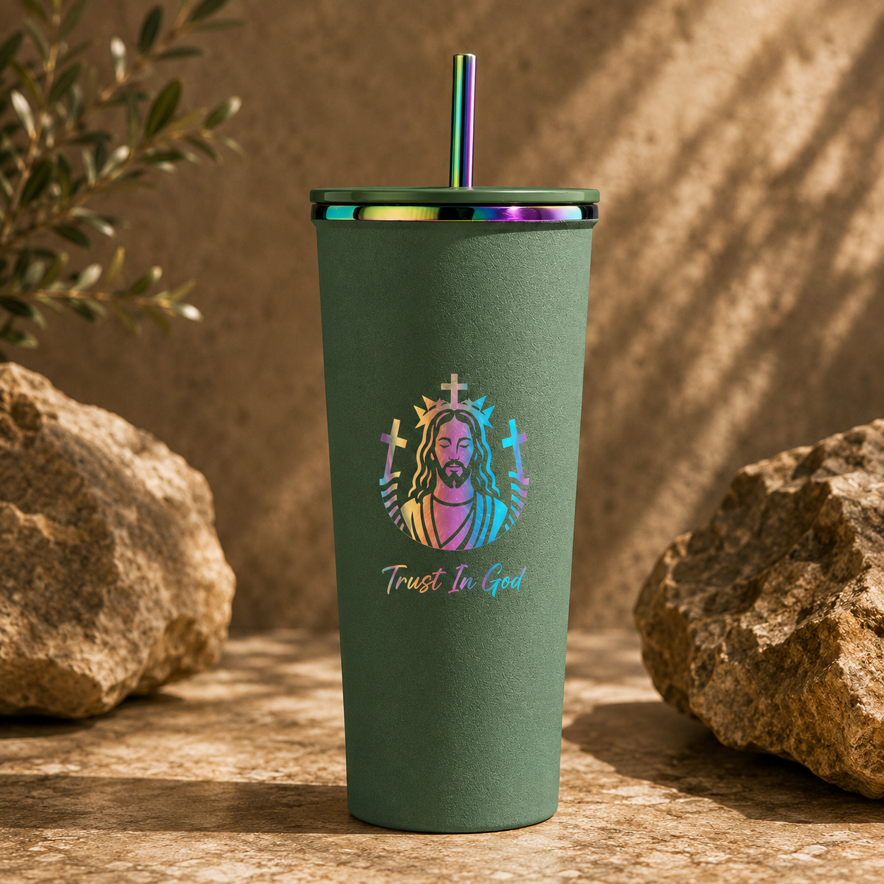 Trust In God Stainless Steel Tumbler with Straw – 24oz Vacuum Insulated Cup, Keeps Drinks Hot & Cold 8–12 Hours