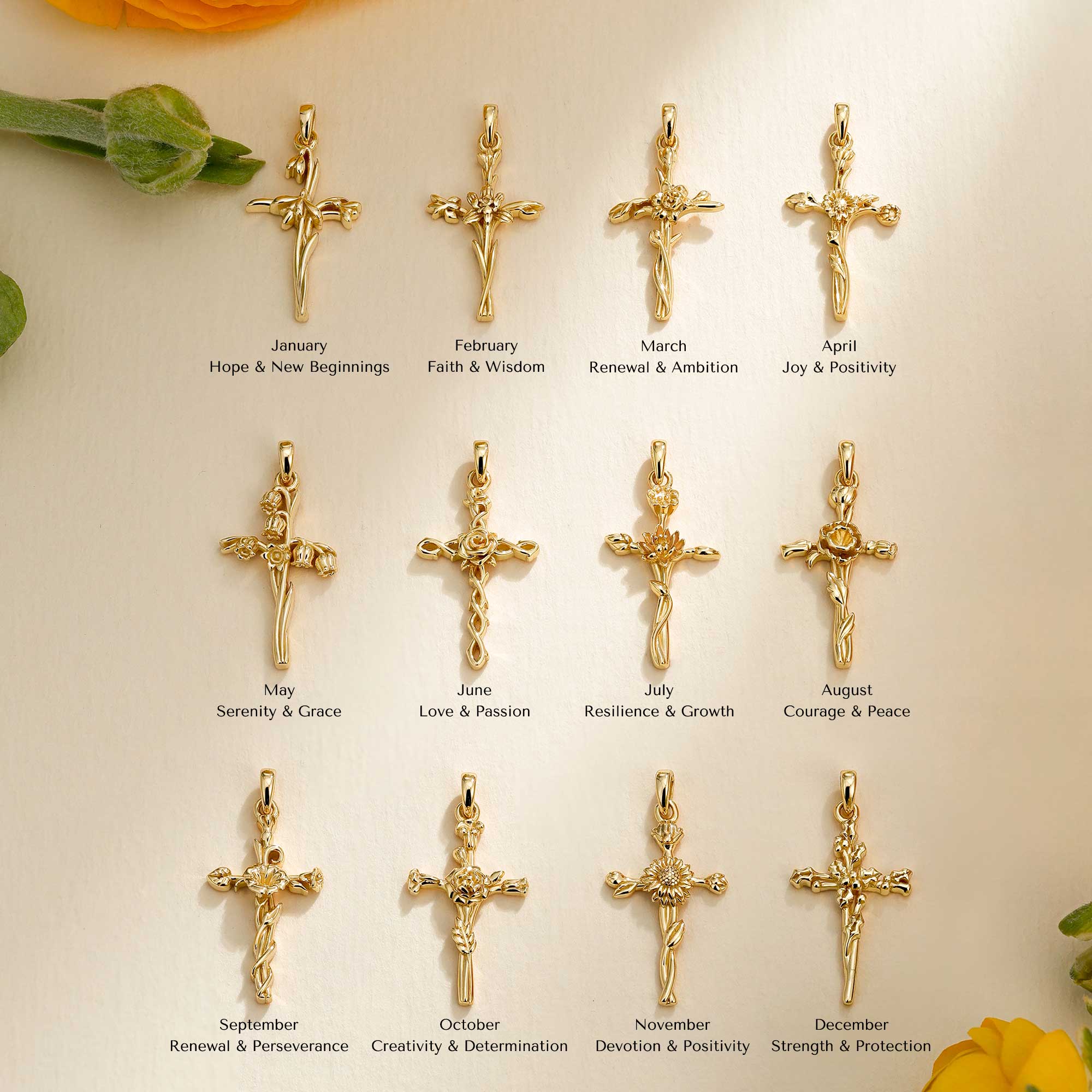 14K Solid Gold Birth Flower Cross Pendant