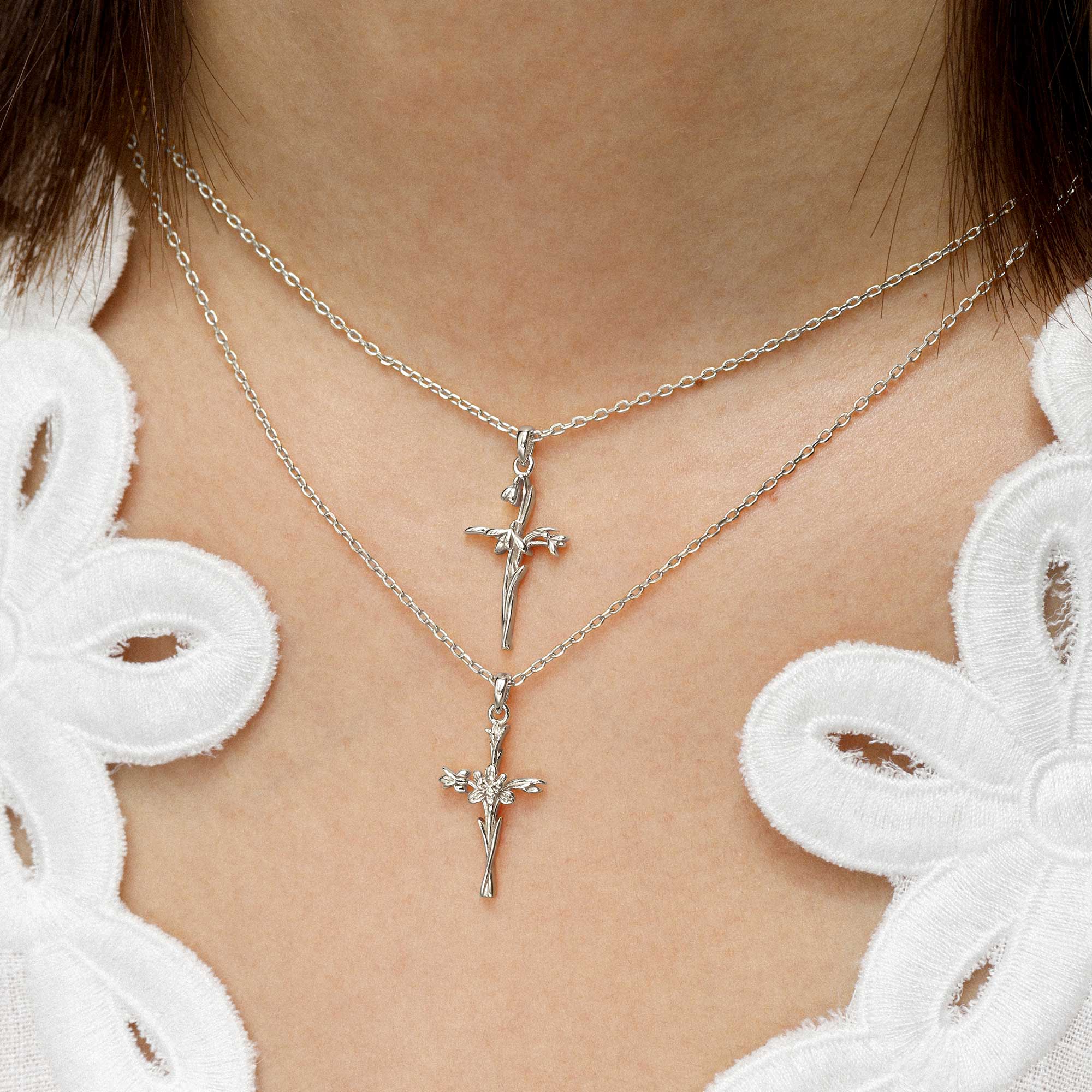 14K Solid Gold Birth Flower Cross Pendant