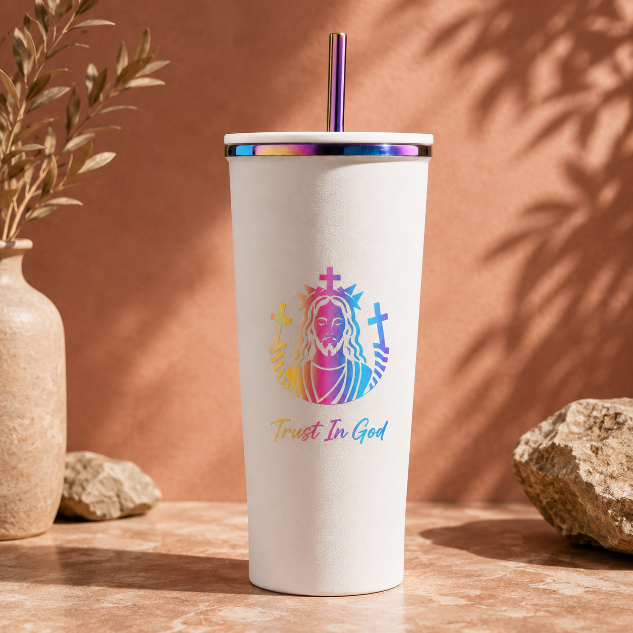 Trust In God Stainless Steel Tumbler with Straw – 24oz Vacuum Insulated Cup, Keeps Drinks Hot & Cold 8–12 Hours