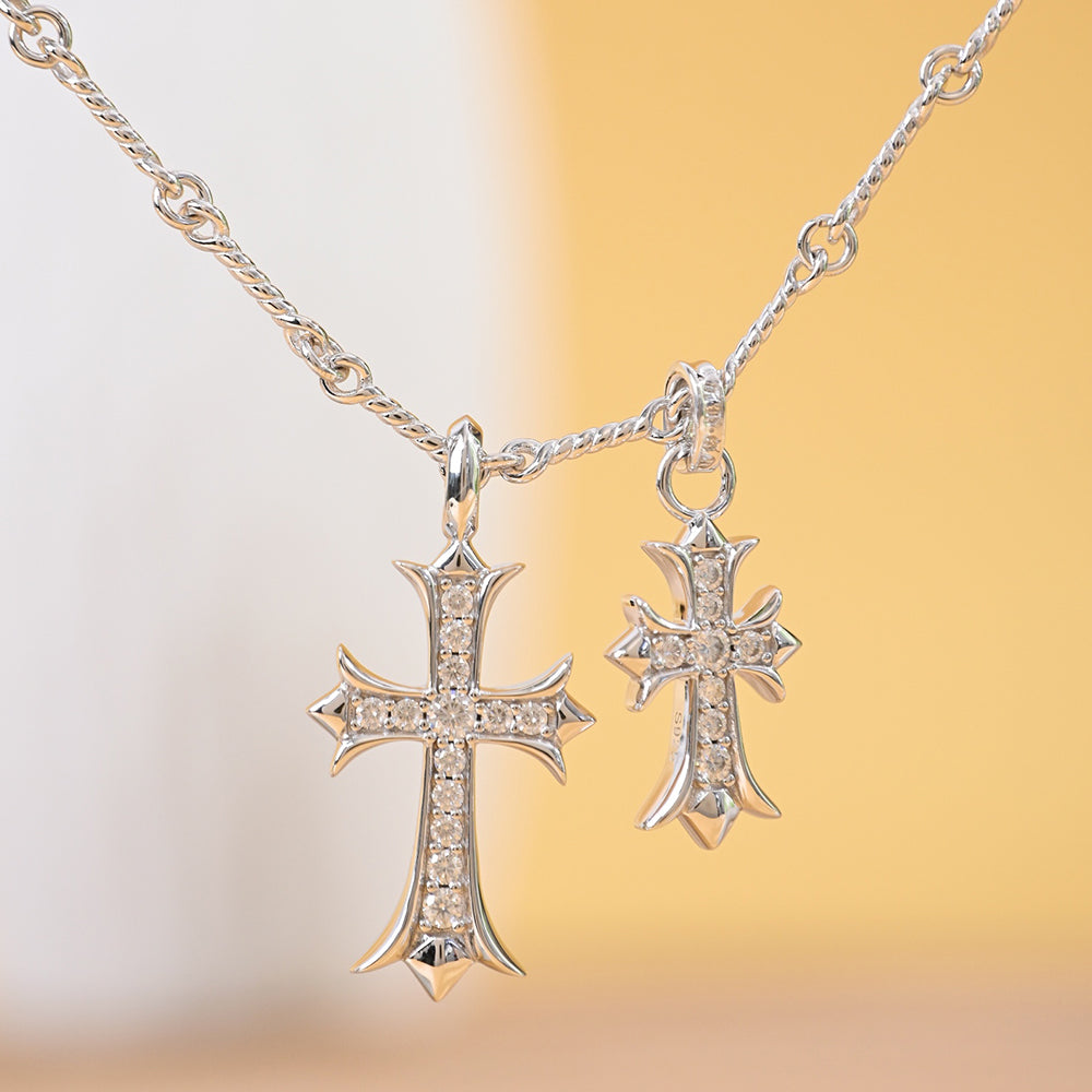 Sacred Dual Cross Heart Pendant Necklace – 925 Silver with Sparkling Stones