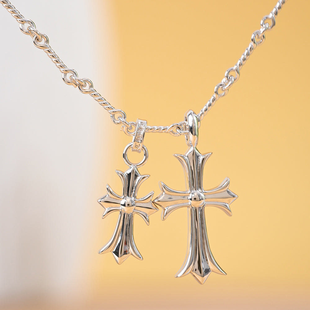 Sacred Dual Cross Heart Pendant Necklace – 925 Silver with Sparkling Stones