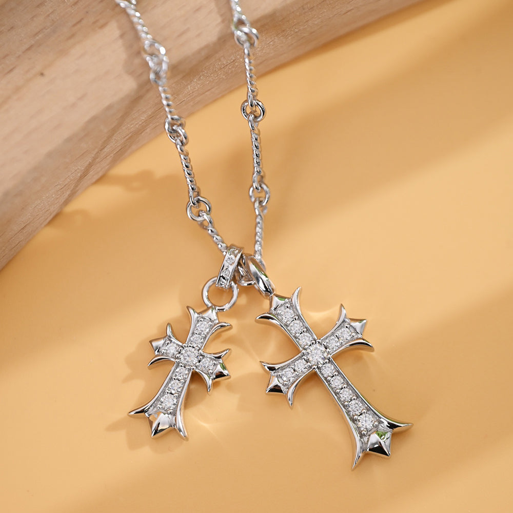 Sacred Dual Cross Heart Pendant Necklace – 925 Silver with Sparkling Stones