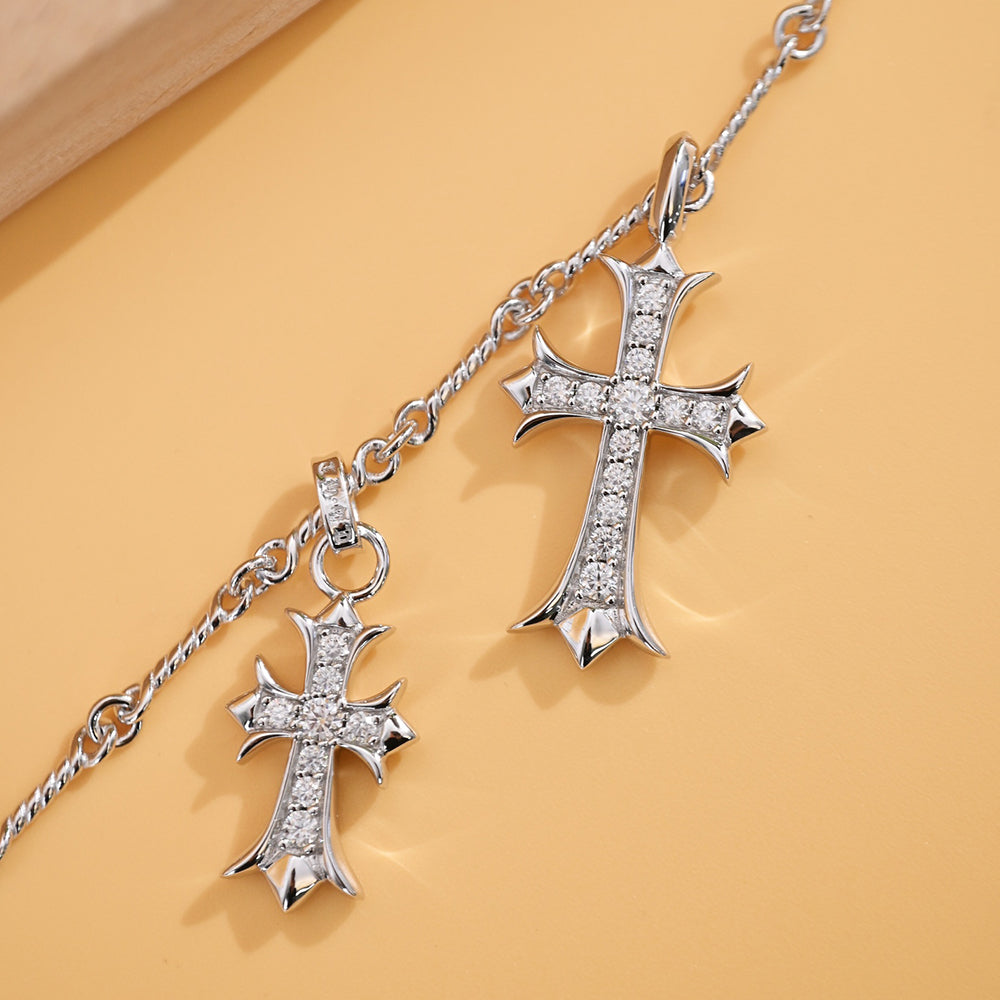 Sacred Dual Cross Heart Pendant Necklace – 925 Silver with Sparkling Stones