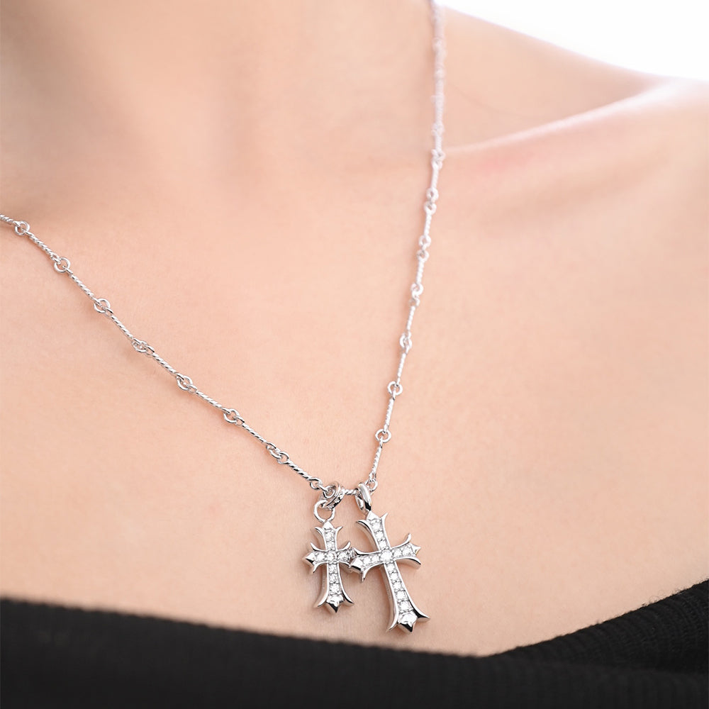 Sacred Dual Cross Heart Pendant Necklace – 925 Silver with Sparkling Stones