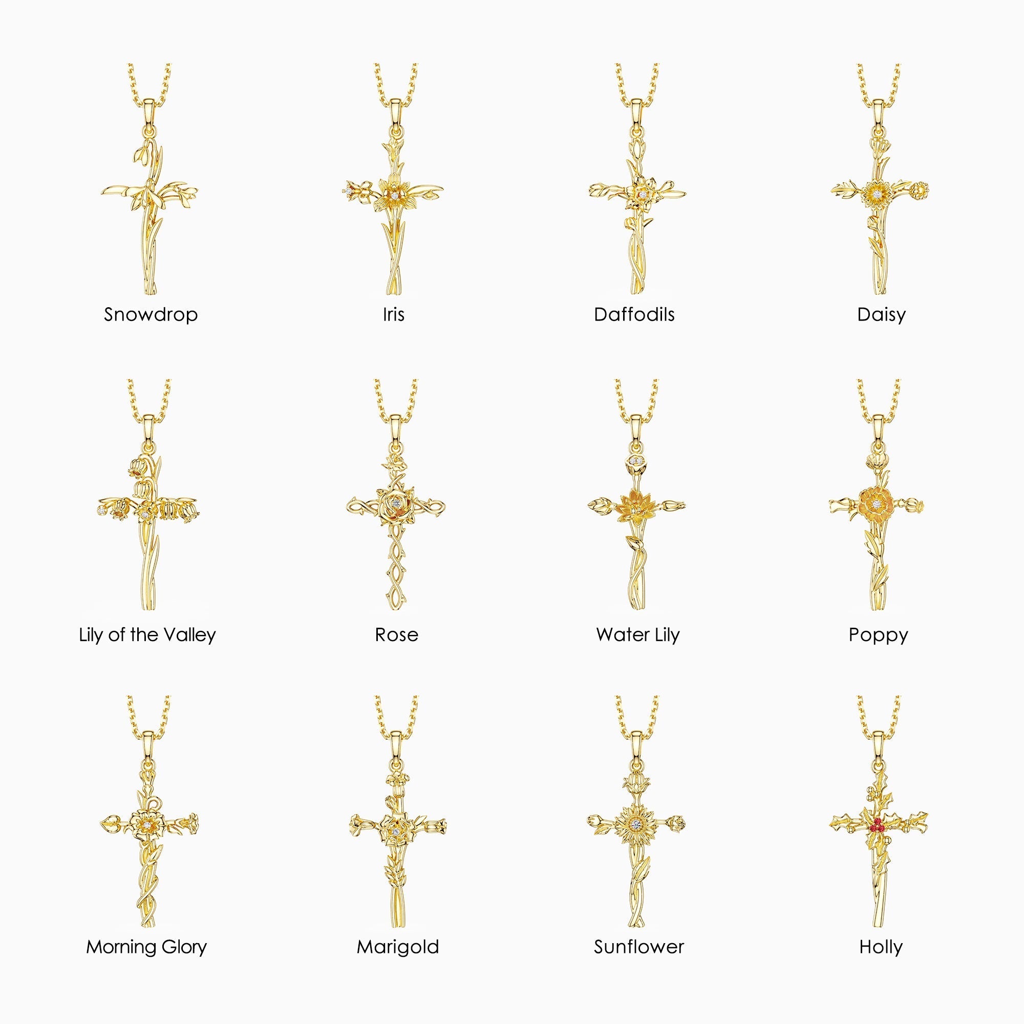 Birth Flower Cross Pendant Necklace