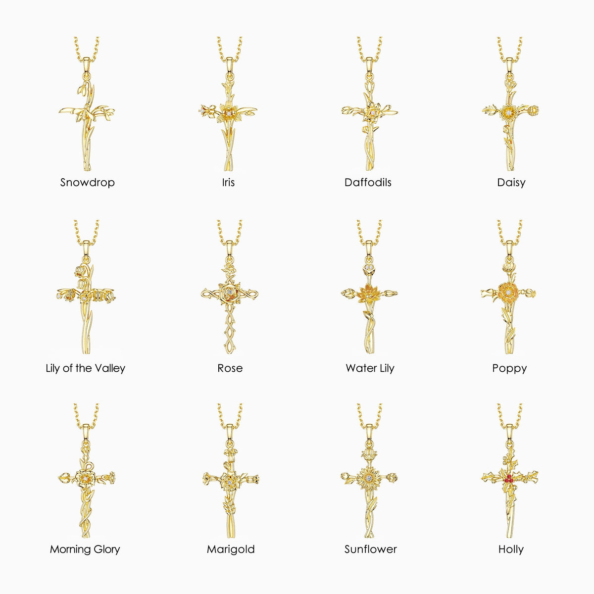 Birth Flower Cross Pendant Necklace